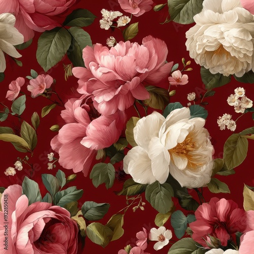 Elegant, chic, vintage seamless repeatable pattern featuring vibrant red background with layered shades of pink roses and peonies, scattered small white blossoms and soft green leaves