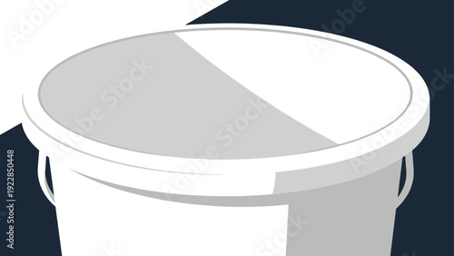 Close up view of a white plastic bucket sealed with a matching lid showing subtle grey highlights on a dark and light background.