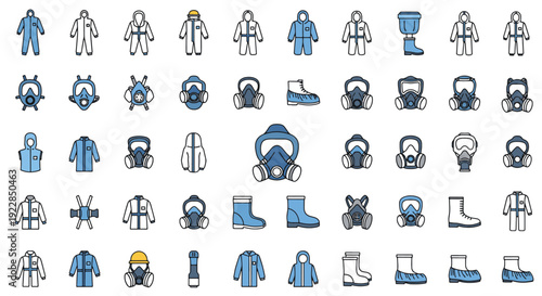 Collection of various protective gear and clothing items for different professions and activities displayed in a grid layout