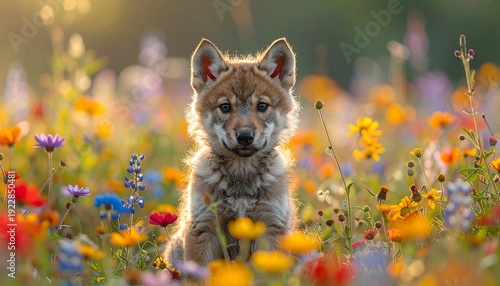 Wolfwelpe im Blumenfeld