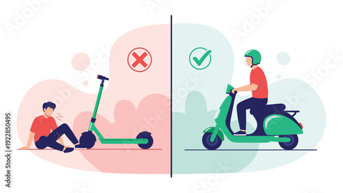 Comparative illustration highlights the risks of riding an electric scooter without a helmet versus safe riding on a green motorbike.