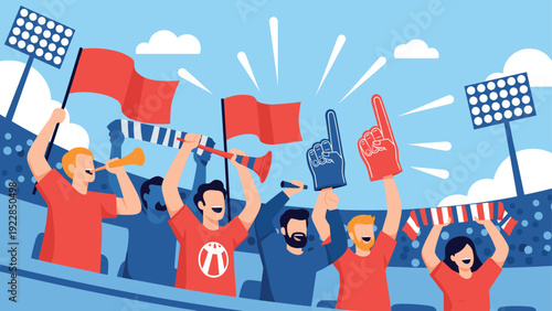 Energetic group of sports fans cheers enthusiastically in a stadium with red flags and blue foam fingers during an exciting match.