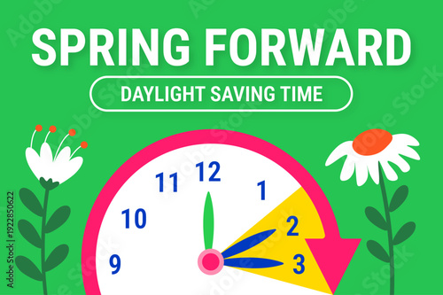 Spring Forward 2026 Daylight Saving Time Banner: Bold White Typography on Green Background with Floral Clock Graphic and Spring Flowers for Seasonal Time Change Reminders and Alerts.