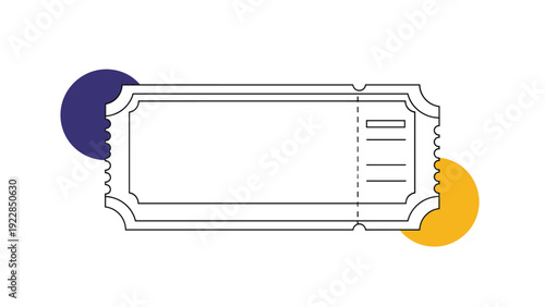 Blank event ticket template features a classic perforated edge design with blue and yellow circular accents on a clean white background.