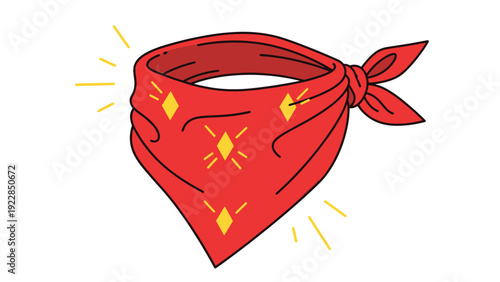 Bright red bandana with yellow diamond patterns and a knotted end represents a classic accessory for cowboys or outdoor workers.