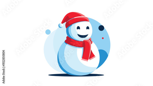 Friendly cartoon snowman wearing a red winter hat and matching scarf smiles warmly against a light blue circular abstract background.