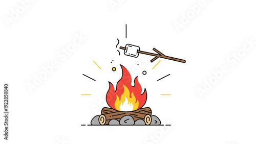Cozy campfire with bright red and orange flames burns over a pile of logs and stones with a marshmallow roasting on a wooden stick.