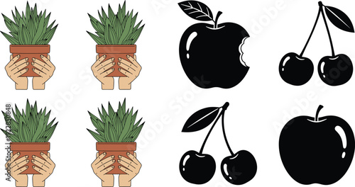 Vector Graphic Set Featuring Hands Holding Potted Aloe Vera Plants, Black Apple Silhouettes, and Cherry Fruit Icons