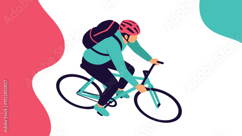 Active cyclist with a pink helmet and black backpack rides a light blue bicycle quickly across a modern white and pink background.