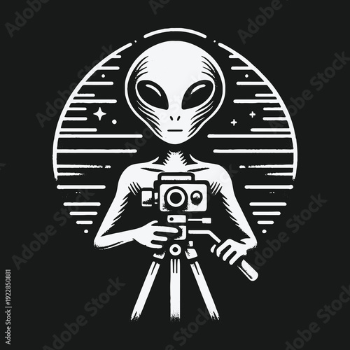 Alien filmmaker capturing cosmic scenes with vintage camera.