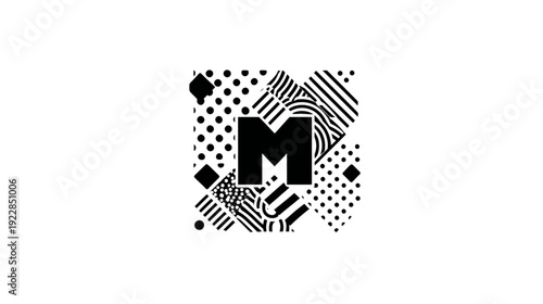 Modern abstract letter M monogram logo with geometric patterns. Black and white striped, dotted, and textured design element vector.