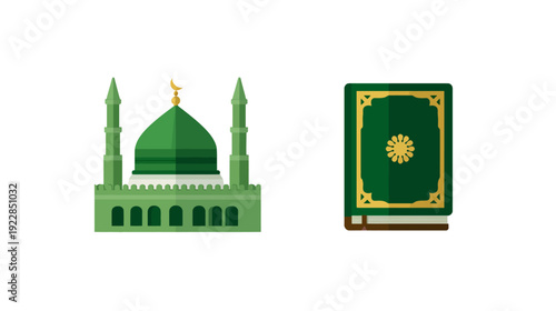 Stylized Green Mosque Building with Dome and Minarets alongside a Decorative Sacred Book Icon. Islamic Culture and Religion Concept.