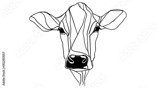 Stylized Geometric Line Art Cow Head Illustration. Abstract Minimalist Black and White Cattle Face Drawing Vector