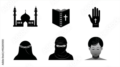 Diverse religious symbols and people icons representing various faiths and spiritual practices