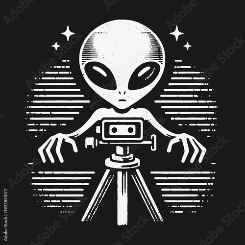 Alien Filmmaker: A Retro Sci-Fi Illustration of Extraterrestrial Cinematography.