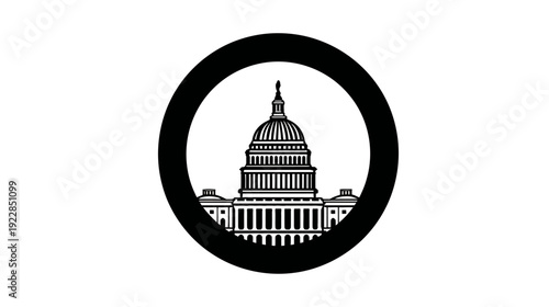Stylized capitol building illustration with dome and columns, black and white icon representing government, politics, and federal power.