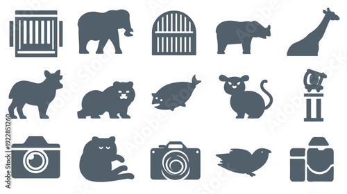 Vector Animal & Photography Icons Set. Flat Design Silhouettes for Wildlife, Zoo, Safari, Nature & Creative Hobby Themes.