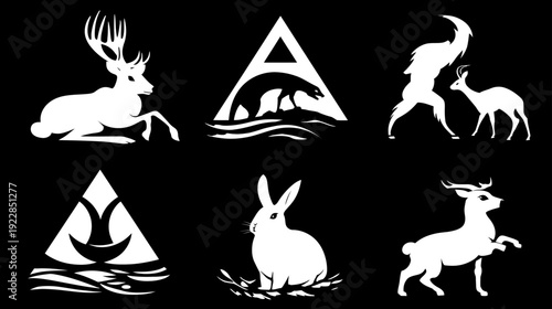 Stylized animal silhouettes vector collection: deer, bear, rabbit, and goat icons for logo design, emblems, and wildlife graphics.