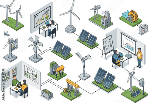 Renewable energy sources in use by professionals in various settings and environments from an aerial viewpoint