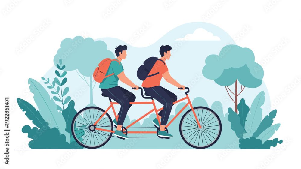 Fototapeta premium Two men with backpacks ride a red tandem bicycle together along a path through a lush green park with many trees and bushes.