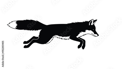 Black and white illustration of a red fox caught in a mid-air jump or run with its tail extended and legs tucked in a dynamic pose.