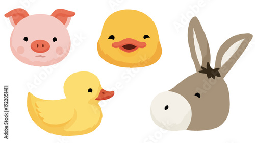 Cute Cartoon Farm Animals Illustration Set. Adorable Pig, Duckling, and Donkey Vector Graphics for Kids and Nursery Design.