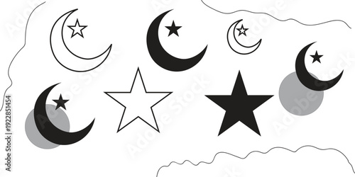A collection of crescent moons and stars in various sizes and orientations