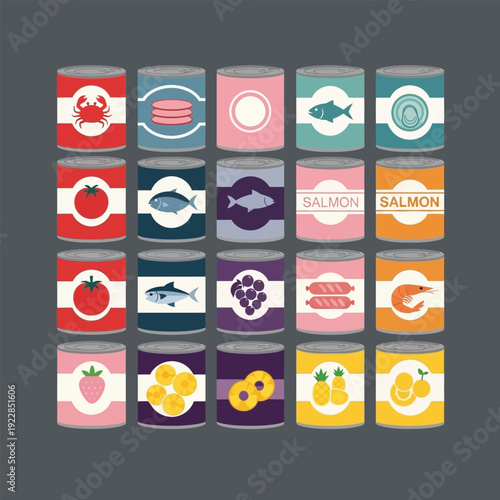 canned food vector illustration set, seafood, meat, vegetables and fruit tin can icons for grocery pantry and supermarket design.