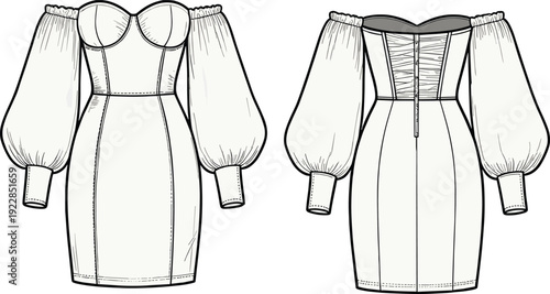 Women off shoulder bodycon dress vector illustration, front and back view line art, elegant puff sleeve cocktail outfit technical drawing template