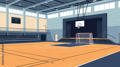 Wide view of an empty indoor sports hall or gymnasium features a wooden basketball court, soccer goal, and seating under bright lights.