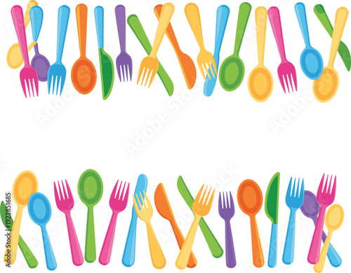 Colorful plastic utensils border spoons