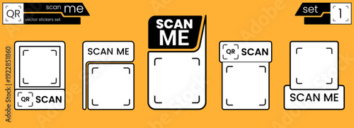 Scan me icon with qr code frame for sticker logo arrow. Design phone payment with shape vector qrcode for cta app website. Set mobile scan with tag qr box for code square illustration