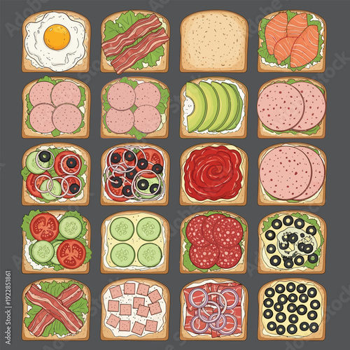 sandwich flat style vector set for menu. open toast collection with egg, avocado, salmon, cheese, meat and vegetable toppings top view