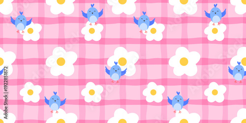 Flower cute seamless pattern gingham floral with kawaii small check. Spring daisy print and easter pink girl with botanical textile background. Kids flower stripe and design pattern vector.