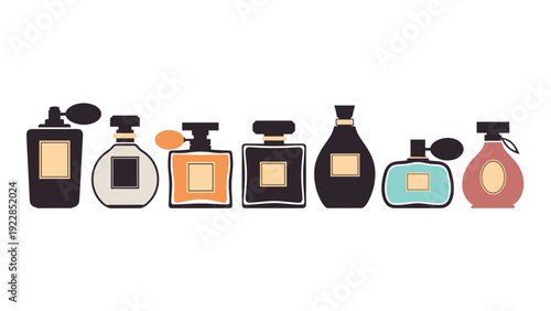 Row of different perfume and cologne bottles in various shapes and colors like pink, orange, and blue are arranged on a white background.