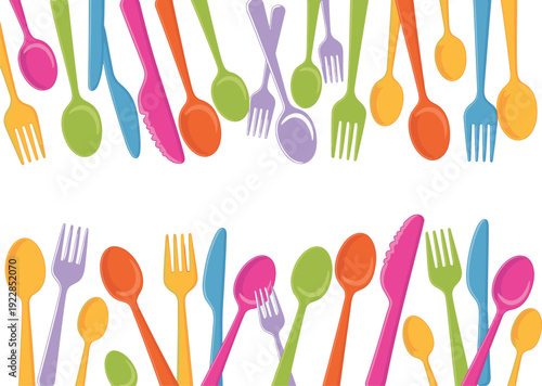 Colorful plastic utensils on white background spoons forks