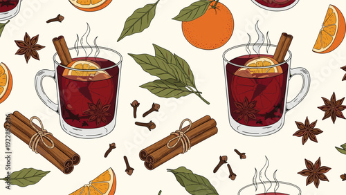 Seamless background pattern features glasses of hot mulled wine with orange slices, cinnamon sticks, star anise, and cloves on cream.