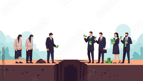 Socioeconomic gap between social classes is illustrated by a deep chasm separating wealthy business people from the impoverished.