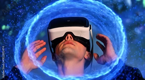 Person Wearing VR Headset Interacting with Virtual Reality Metaverse