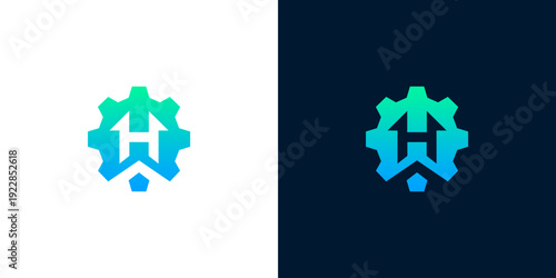 A modern and abstract gear icon with an upward-pointing arrow, symbolizing technological progress, business growth, and innovative development in a sleek gradient design