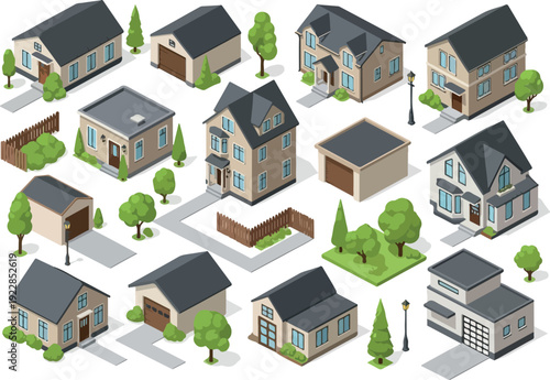 Aerial view of a neighborhood with diverse houses and buildings surrounded by trees and streets