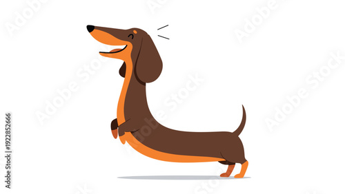 Happy brown dachshund dog stretches its long body and wags its tail in a joyful cartoon illustration of a friendly pet animal.
