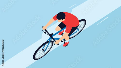 Overhead perspective shows a male cyclist in a red shirt riding a blue bicycle quickly along a path in a clean flat vector style.