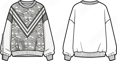 Men camouflage sweatshirt vector illustration, front and back view line art, casual crewneck pullover technical drawing, fashion apparel template design
