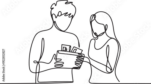 Man and woman exchanging money in a simple line drawing illustration from a straightforward viewpoint