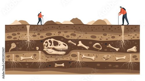 Hikers walk across a landscape above a cross-section of earth revealing large dinosaur fossils and bones buried deep underground.
