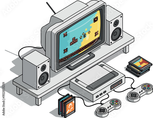 Retro gaming setup on a table with a television, console, and accessories showcasing a classic gaming environment from a front viewpoint