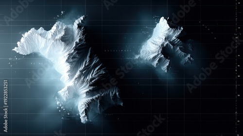 Detailed topographic display highlights rugged mountainous terrain of isolated landmasses under a grid overlay
