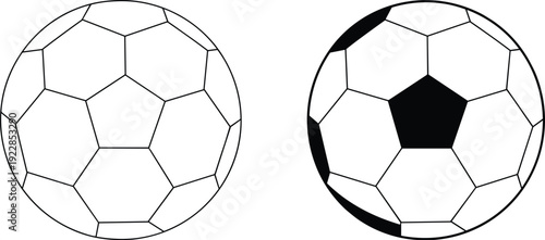 Vector illustration of soccer balls with geometric pentagon hexagon pattern in traditional black white design