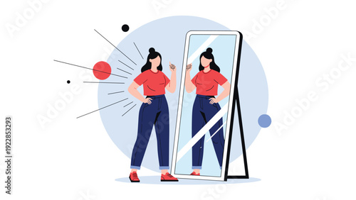 Confident woman stands before a full-length mirror and smiles at her strong reflection in a conceptual piece about self-esteem.